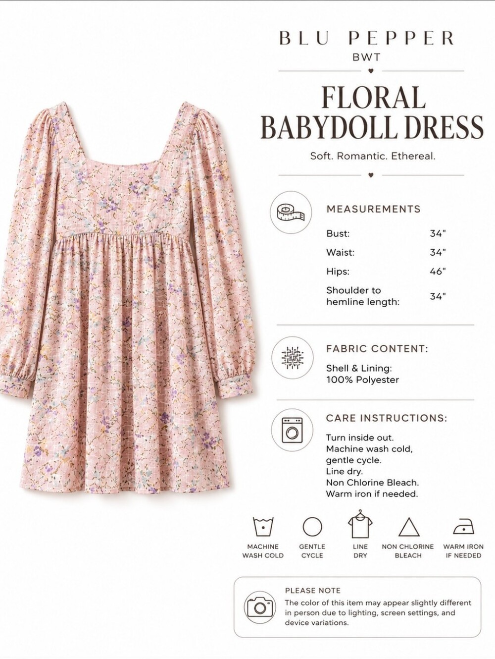 Blu Pepper Blush Pink Floral Babydoll Puff Sleeve Mini Dress | Size M - Picture 6 of 7